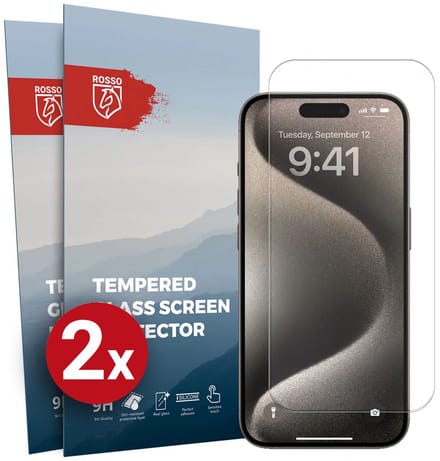 Rosso Screen Protector Geschikt voor Apple iPhone 15 Pro 9H Tempered Glass | Duo Pack | Glasplaatje | Beschermlaag | Beschermglas | 9H Hardheid