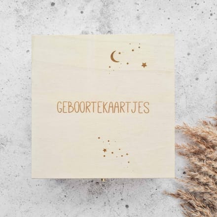 Houten bewaarkistje - Geboortekaartjes - vierkante bewaarbox
