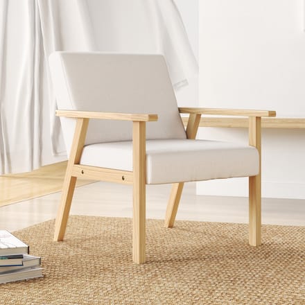 MODFU Fauteuil - Brede Zitting En Houten Frame - Scandinavisch Design - Linnen - Crèmewit - 64 x 70 x 72 cm