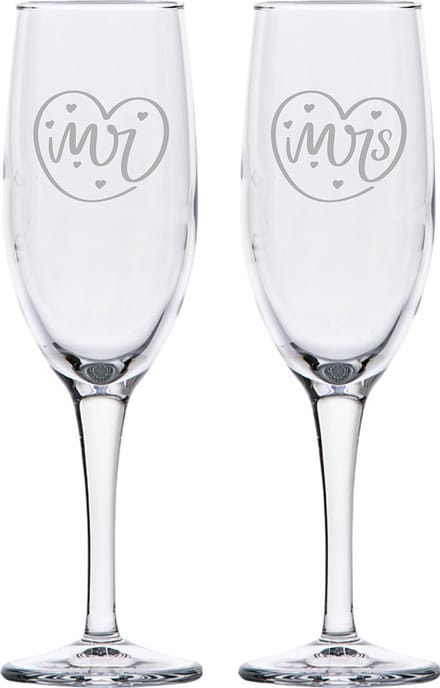 Gegraveerde set Champagneglazen 16,5cl Mr. In hartje - Mrs. In hartje
