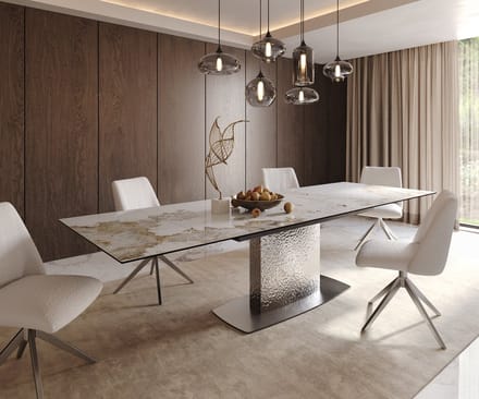 Eetkamertafel Edge keramiek Minas Melange wit-beige 200-300x100 Wave RVS uitschuifbaar