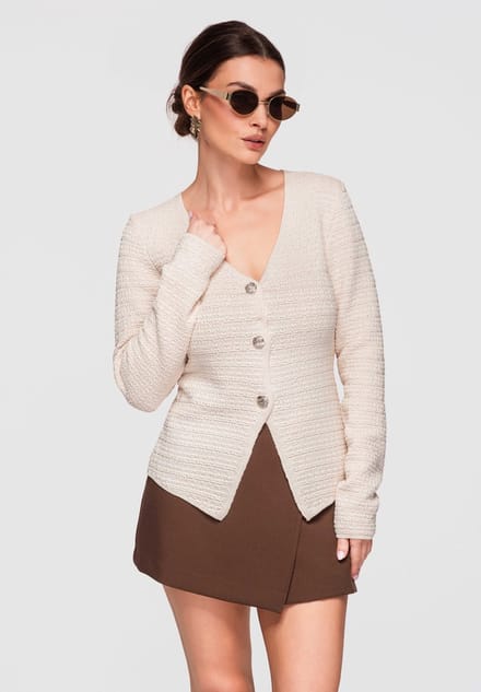 OMBRE Trui - Aansluitend - Lange Mouw - Knopen Beige S/M