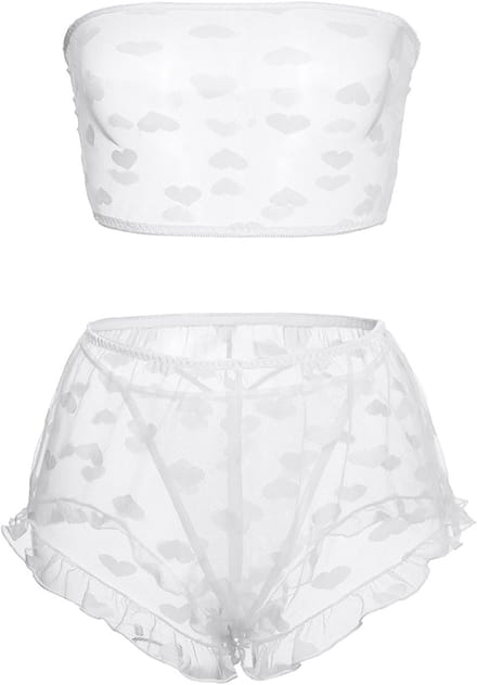 Go Go Gadget - Lingerie setje - Ondergoed - Doorschijnend - Hartjesprint - Wit - Maat M