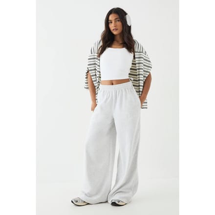 Dames DSGN Studio Joggingbroek met Paspeldetail Middelhoge Taille Wijde Pijpen | Asgrijs | Maat: Small