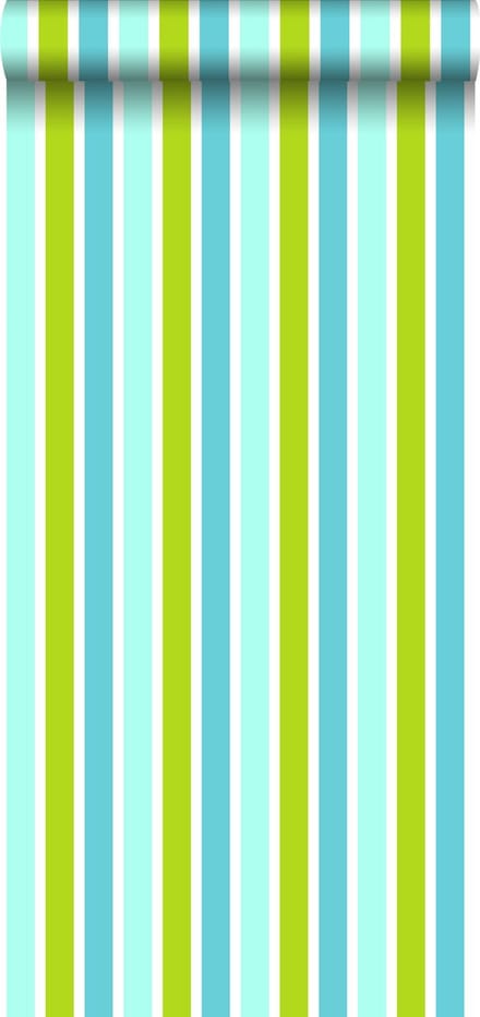 ESTAhome behang verticale strepen turquoise, limegroen en wit - 53 cm x 10.05 m - 138703