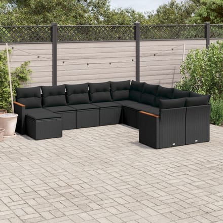 vidaXL - 11-delige - Loungeset - met - kussens - poly - rattan - zwart