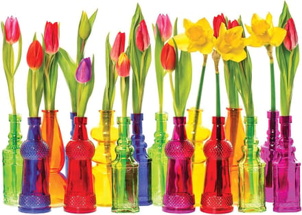 Fotobehang Tulips in Bottles | PANORAMIC - 250cm x 104cm | 130g/m2 Vlies