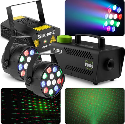 BeamZ lichtset met Laser, PAR spots en 500W rookmachine
