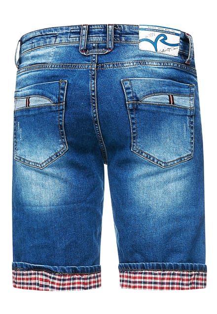 Blauwe gebruikte jeansshorts met ruitjesmotief "SATTO"