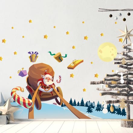 Kerststicker: Kerstman op zoek naar cadeaus - Kerststickers - feestdecoraties - 80x120cm