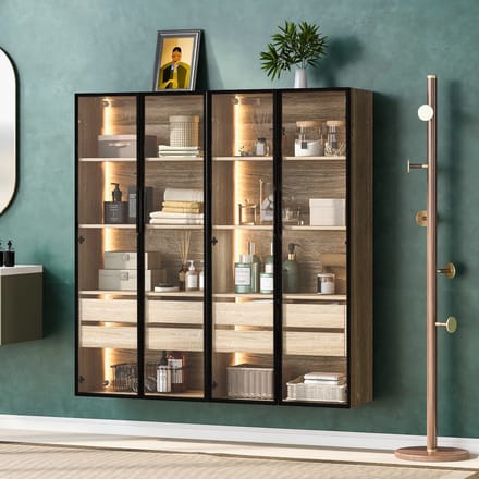 Badkamerkast Set - 73 cm - Set van 2 met LED en 2 Laden - Met Glazen Deuren - Glas - Wit