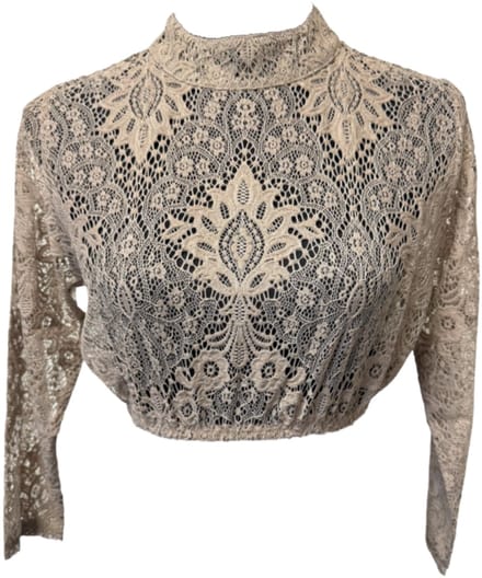 Dirndl Blouse Bloemmotief - Koffiecrème - Kant Hoge Hals - Dames - Maat M