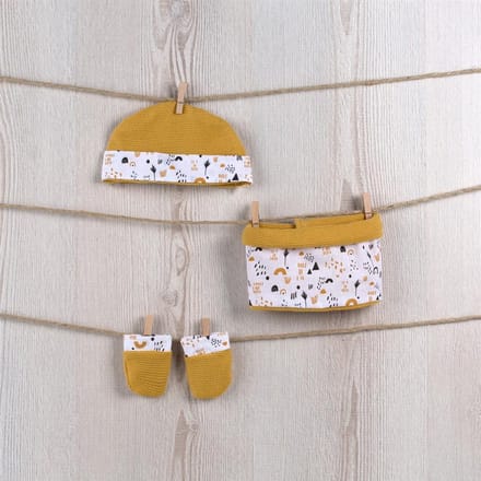 Asi poppenkleding set - sjaal, handschoenen en muts - okergeel