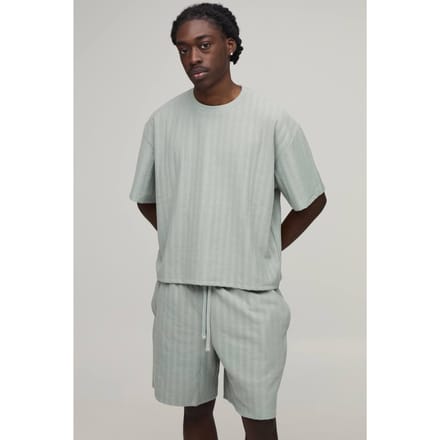Oversized Shrunken Jacquard Gestreept T-shirt & Baggy Shorts Set | Light Grey | Size Medium
