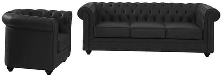 Vente-unique Driezitsbank en fauteuil van buffelleer CHESTERFIELD - Zwart