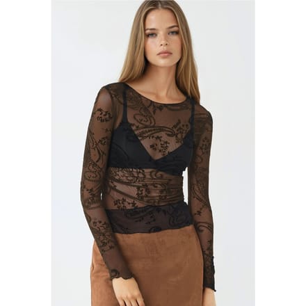 Aangesloten Lange Mouwen Flockprint Tulle Blouse