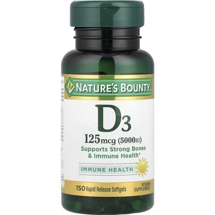 Nature's Bounty, D3, Santé Immunitaire, 125 mcg(5 000 UI), 150 Gélules Molles
