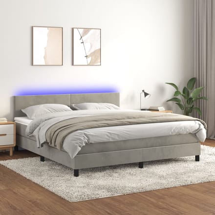vidaXL - Boxspring - met - matras - en - LED - fluweel - lichtgrijs - 180x200 - cm