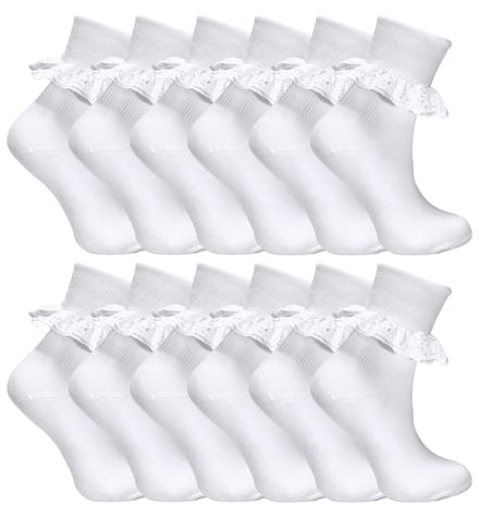 12 Paar Witte Frilly Lace Sokken 7 Maten Sok Snob - Wit