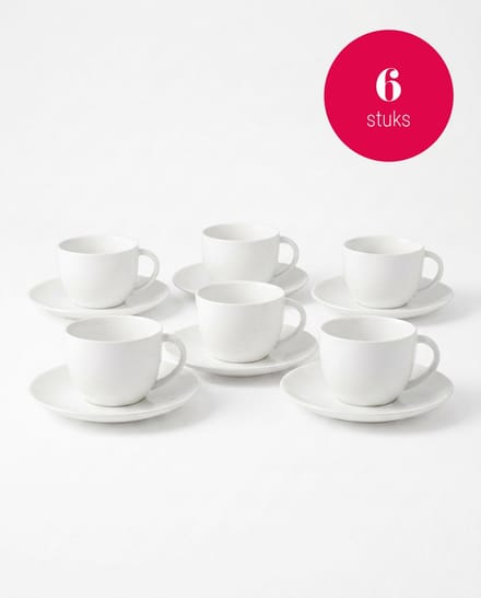 vtwonen - Basic - Set van 6 - Kopjes en schotels - Wit - Porselein