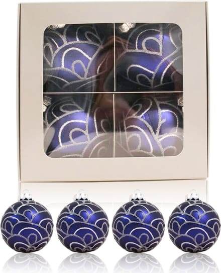 Kerstballen Glas | 4 Stuks | Glas | Donkerblauw | Zilver | Ø 75 mm