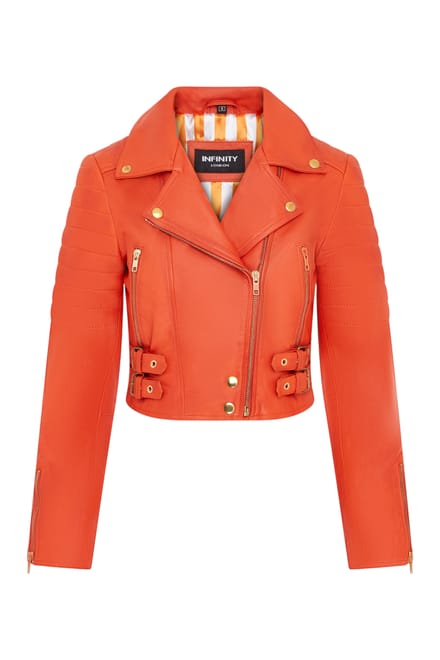 Dames oranje cropped Brando leren bikerjack - Durban