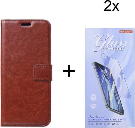 Bookcase Geschikt voor: OnePlus 9 - Bruin - portemonnee hoesje met 2 stuk Glas Screen protector