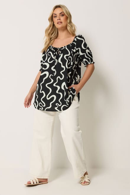 Yours Zwarte Blouse Met Abstracte Print En Strik Aan De Voorkant Size 46