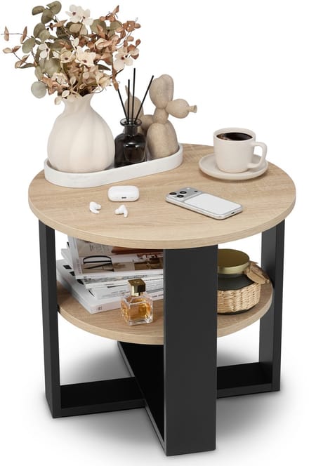 defiPad Salontafel Rond Ø53 cm - Bijzettafel - Zwart + Sonoma Eiken met Plank