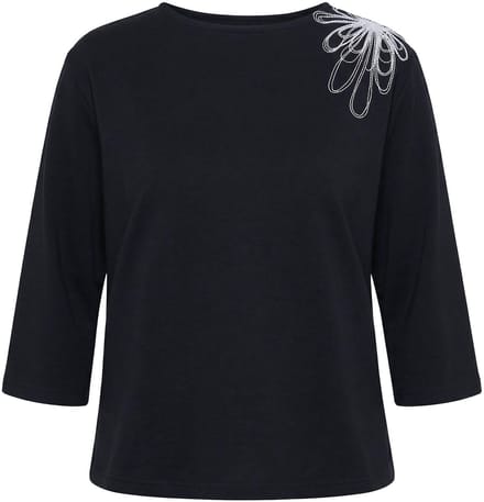 Ulla Popken - Dames - Sweatshirt borduursel boothals 3/4-mouwen - Zwart - Maat 58+