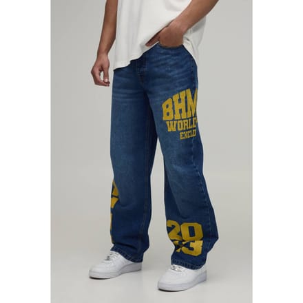 Relaxed Rigid Officiële Varsity Print Denim Jeans | Mid Blue | Size 30