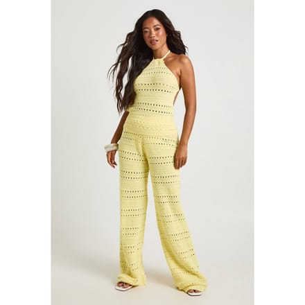boohoo Dames Gehaakte Haltertop En Wijde Broek Coordinerende Set | Boter | Maat: Medium