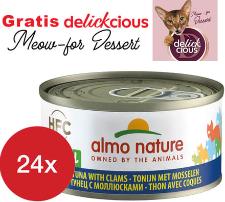 Almo Nature tonijn met mosselen 24 x 70 gram met GRATIS Delickcious dessert