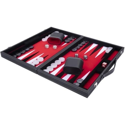 Backgammon 15 inch - Rood, Zwart & Wit Ingelegd Bord - Luxe Kunstlederen Koffer met Handvat - Engelhart