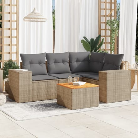 vidaXL - 5-delige - Loungeset - met - kussens - poly - rattan - beige