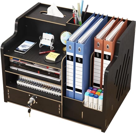 Houten Bureau Organizer, Opbergdoos voor Bureau, Efficiënt Opslagsysteem 39 x 29 x 28 cm (Zwart - Extra Stevig)