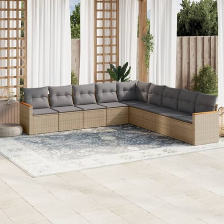 vidaXL - 9-delige - Loungeset - met - kussens - poly - rattan - gemengd - beige