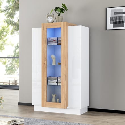 Vitrinekast - 74x40x120 cm - Hoogglans met LED - 3 Transparante Deuren en Lade - Glas - Wit