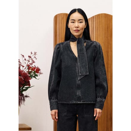 FRNCH Buds blouse met knoopkraag denim zwart