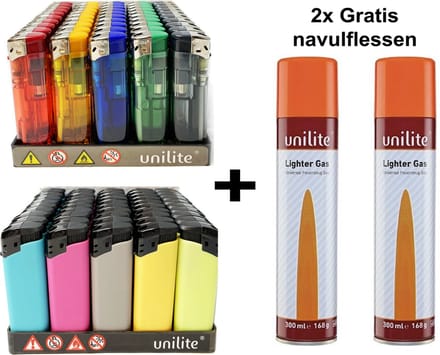 Klik Aanstekers - 100 stuks - Unilite electronic lighter - navulbaar aansteker + 2 Gratis gasflessen