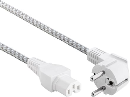 Goobay Aansluitkabel voor hete apparatuur, 2 m, wit-zilver, hybride stekker met randaarde (type E/F, CEE 7/7) 90° > Apparaatbus C15