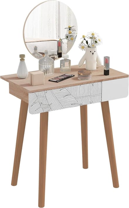 Kaptafel Met Spiegel - Schoonheidstafel Commode - Make-up Zelfzorg - Scandinavisch Design - 70x39x119cm - Wit