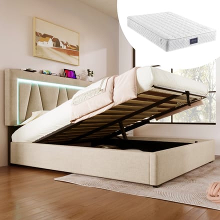 REDOM Bedframe 140x200 cm – Linnen beige – Met LED, USB-C & verstelbaar hoofdbord – Hydraulisch