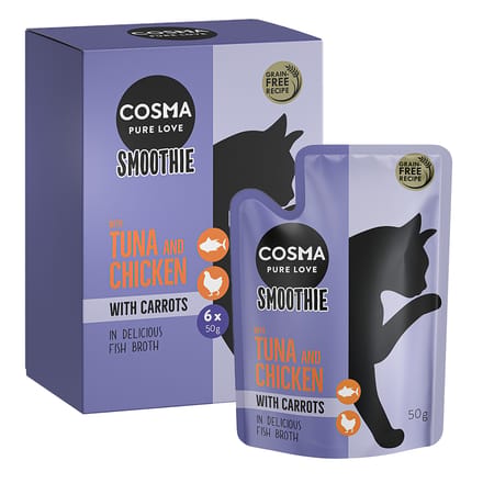 6x50g Cosma Smoothies Kattensnacks Tonijn en Kip met Wortel