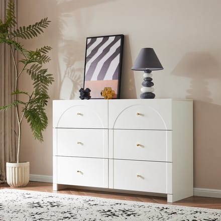 MODFU Opbergkast H82/B120/T40 cm van spaanplaat, met 6 laden en romantisch luxe ontwerp, crème-wit