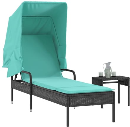 vidaXL - Ligstoel - met - luifel - en - tafel - zwart - poly - rattan