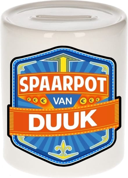 Bellatio Decorations Kinder spaarpot met naam - Duuk - keramiek - met dop - wit - Sparen - Spaargeld van Duuk