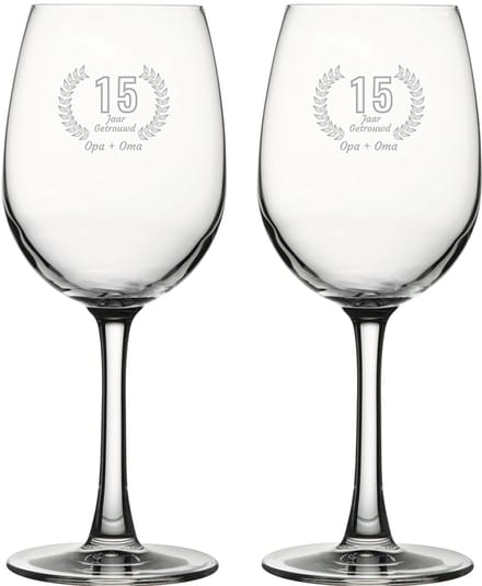 Gegraveerde set witte wijnglazen 36cl Opa + Oma 15 jaar getrouwd
