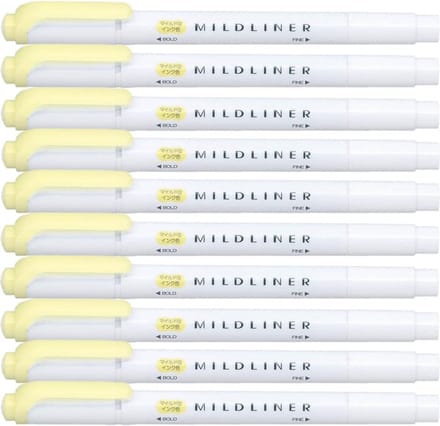Zebra Mildliner Double-Sided Highlighter - Fine / Bold – Mild Yellow Set van 10 + een Luxe Zipperbag - WKT7-MY