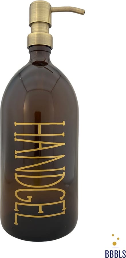 BBBLS® Design Dispenser "Handgel" | Transparant Glas | 1 liter | RVS / Metaal Pomp Goud | Zeeppomp | Zeepdispenser | Zeephouder